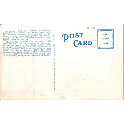 Tablet at Columbus Cathedral Morro Castle Havana Cuba Original Postcard TK1-P16