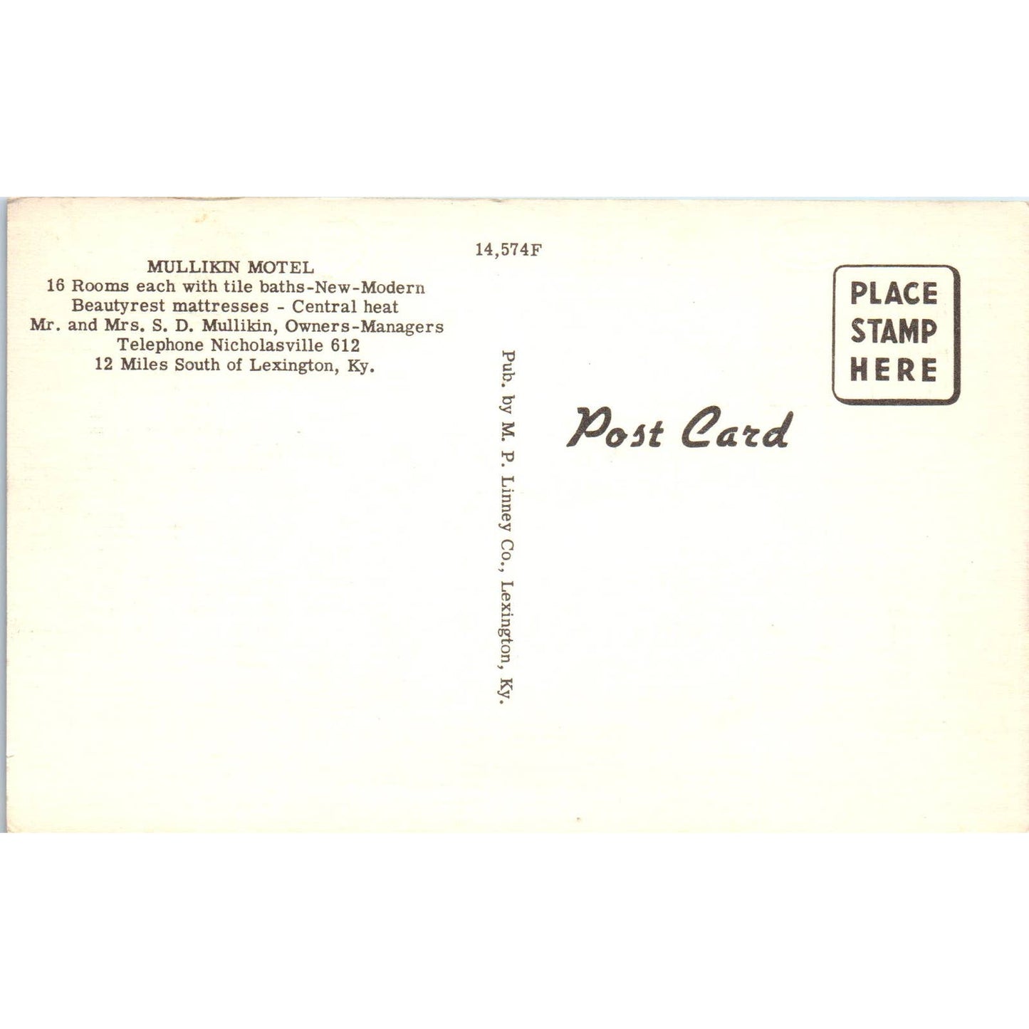 Mullikin Motel S.D. Mullikin Nicholasville KY - Original Postcard TJ7-RP2