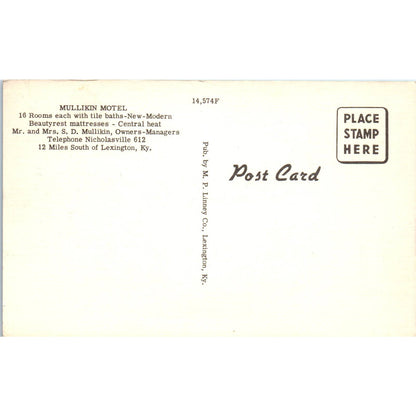 Mullikin Motel S.D. Mullikin Nicholasville KY - Original Postcard TJ7-RP2