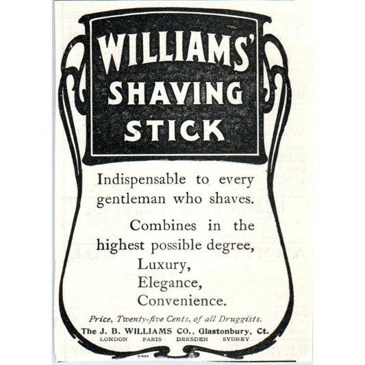 Williams' Shaving Stick J.B. Williams Co Glastonbury CT - 1903 Original Ad TJ7-L