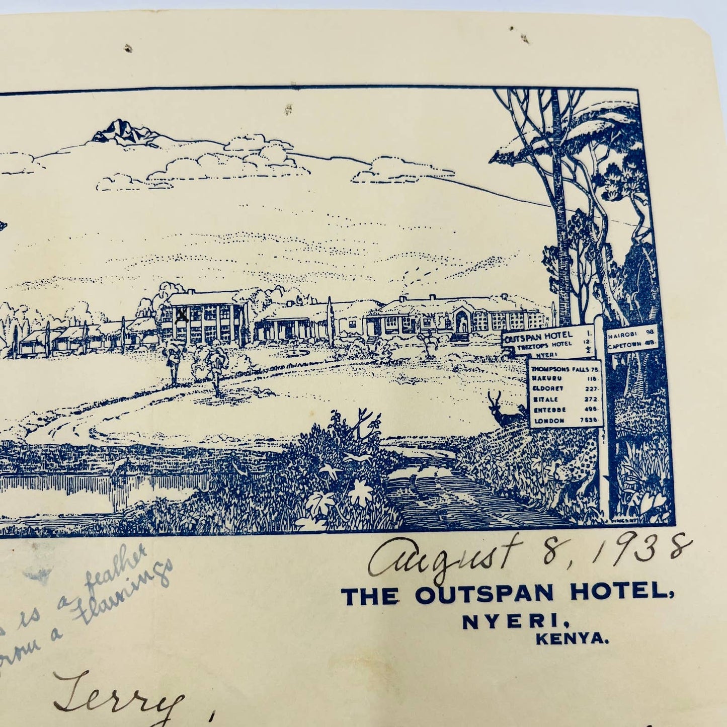 1938 The Outspan Hotel Nyeri Kenya Letterhead Letter Lithograph Elephants AA4