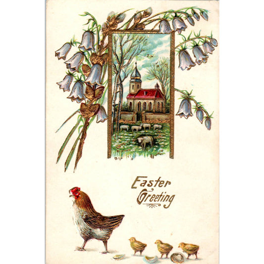 c1910 Antique Postcard Easter Hen With Chicks Blue Bellflower Embossed Gilt SE5