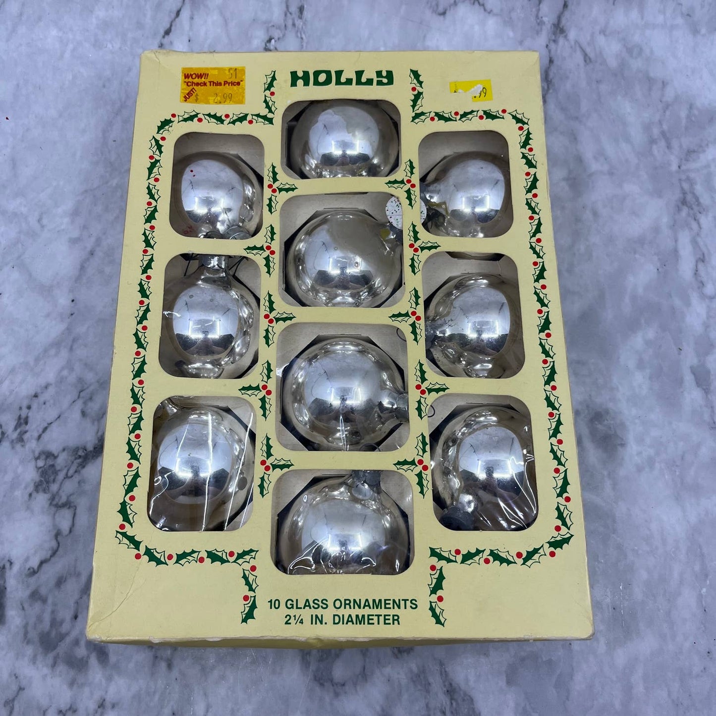 HOLLY 10 Vintage 2 1/4" Mercury Glass Ornaments Original Box Silver TJ9