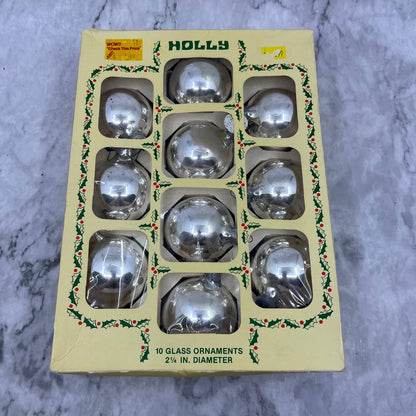 HOLLY 10 Vintage 2 1/4" Mercury Glass Ornaments Original Box Silver TJ9
