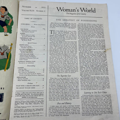 1933 Nov Women's World Magazine Miriam Story Hurford Art Boys Thanksgiving TI4