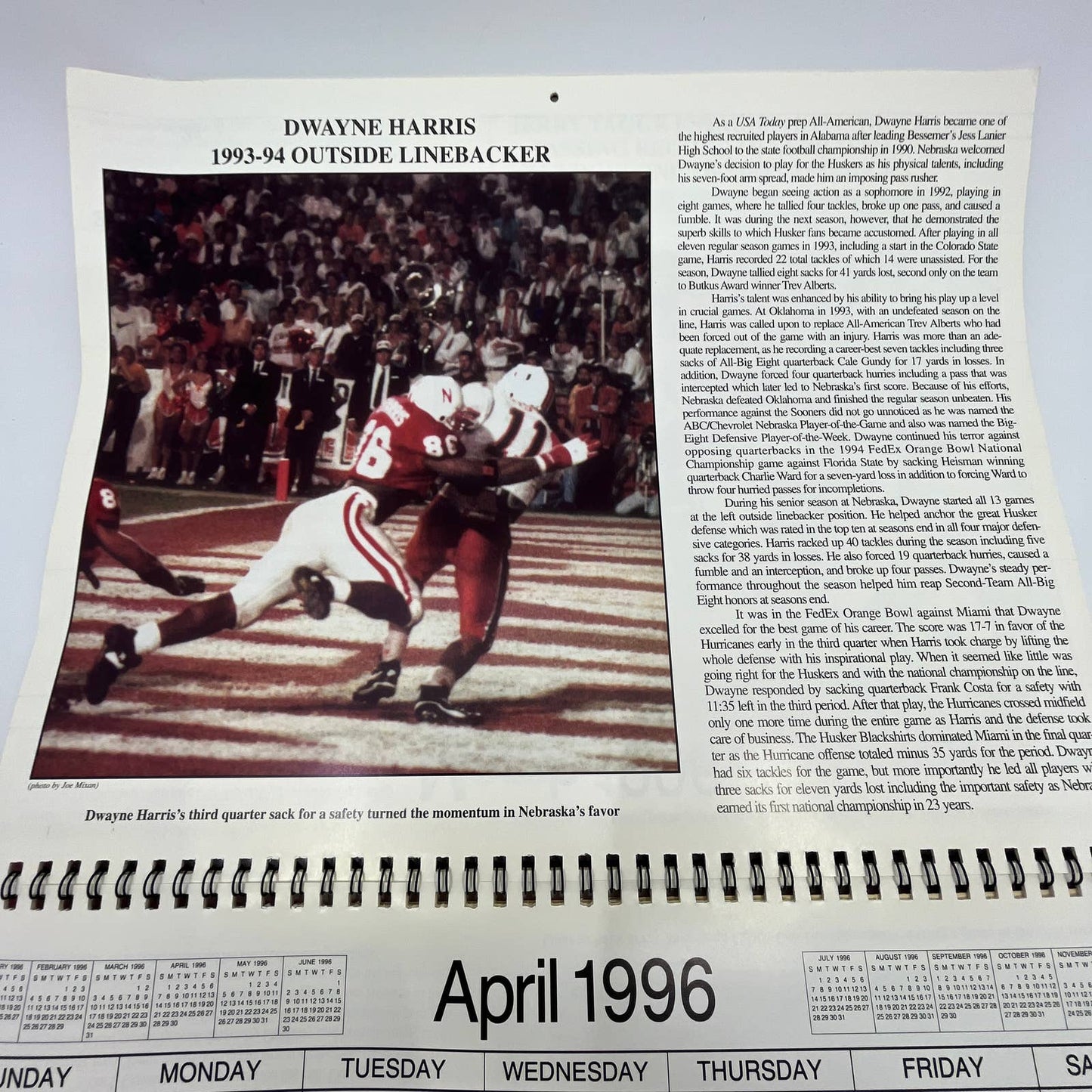 1996 Nebraska Cornhuskers Football Legacy 17 Month Calendar TH3