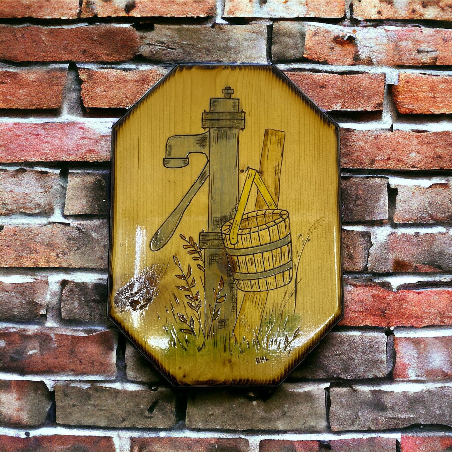 Hand Carved Painted Water Pump Farmhouse Wall Art Wood Plaque Signed 7x9.5 TE5