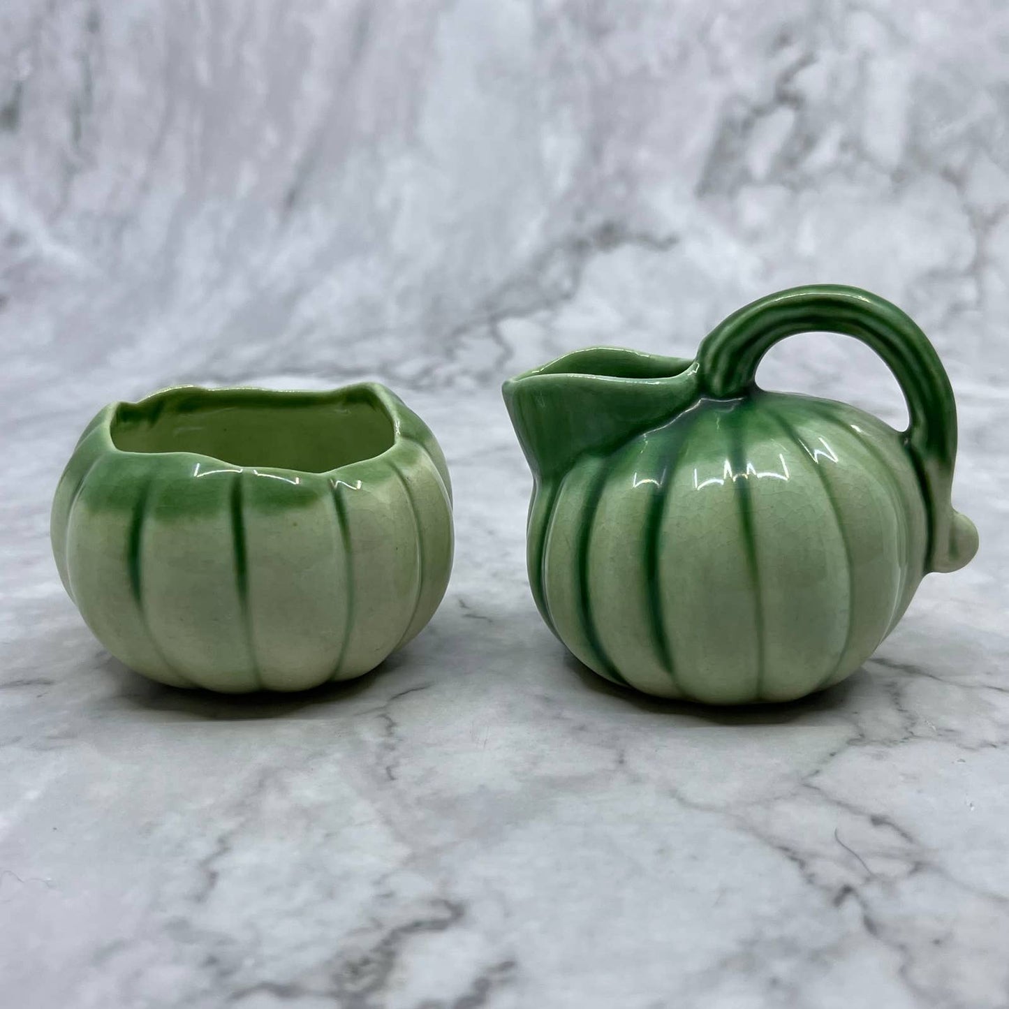 Vintage Ceramic Small Sugar and Creamer Set Green Ombre Squash 2.5" TJ1