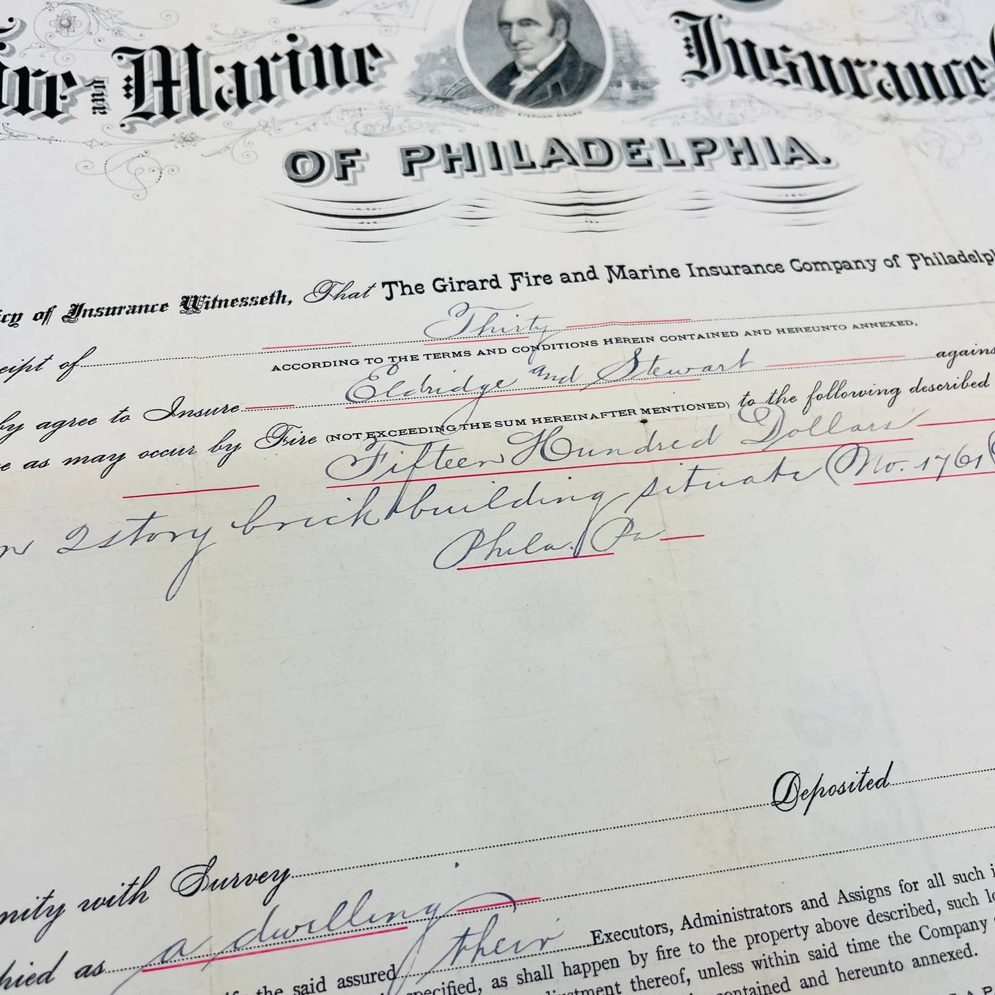 1890 Engraved Policy Girard Fire & Marine  Insurance Company Philadelphia PA AA5