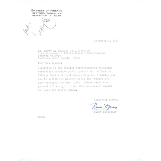 Finland Embassy Official Letterhead Memo Pauli Opas Nov 6 1967 B15