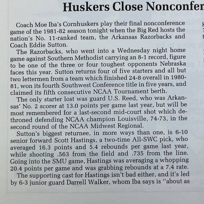 1982 Jan 9 - Nebraska Cornhuskers vs Arkansas GameDay Basketball Program TH7