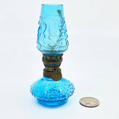 Vintage Mini Cobalt Blue Hobnail Glass Kerosene Oil Lamp 4.5" TC7-1