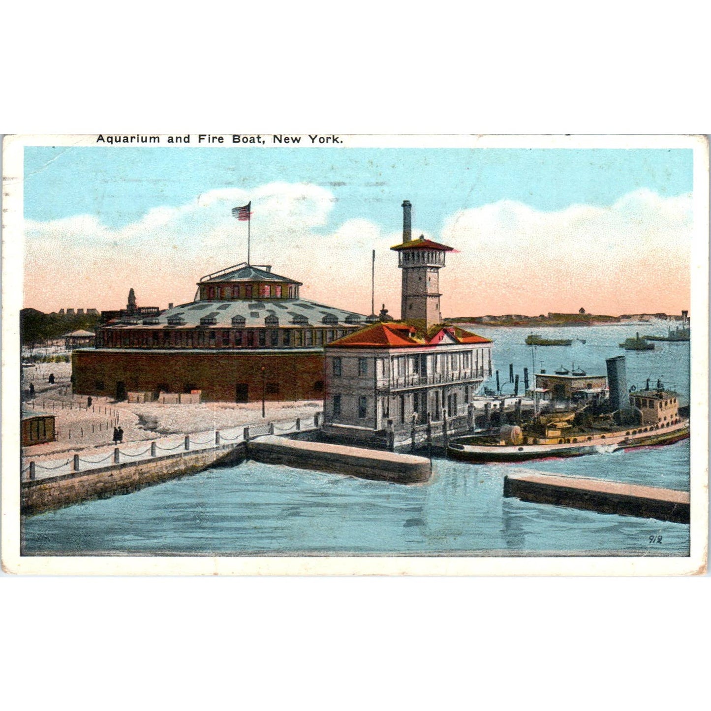 Aquarium and Fire Boat Dock New York 1920 Original Postcard TK1-21