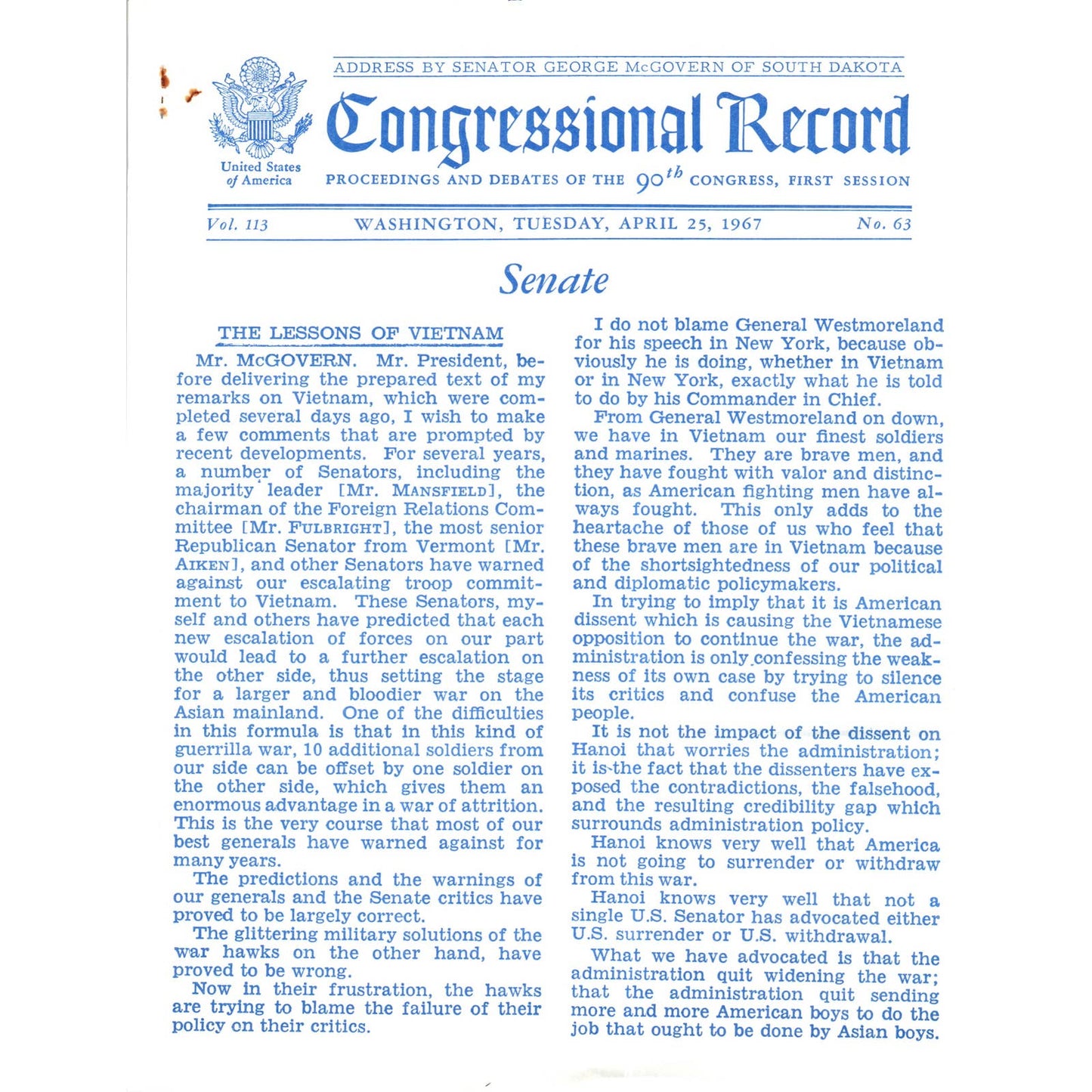 The Congressional Record Apr 25 1967 George McGovern Lessons of Vietnam TK1-P8