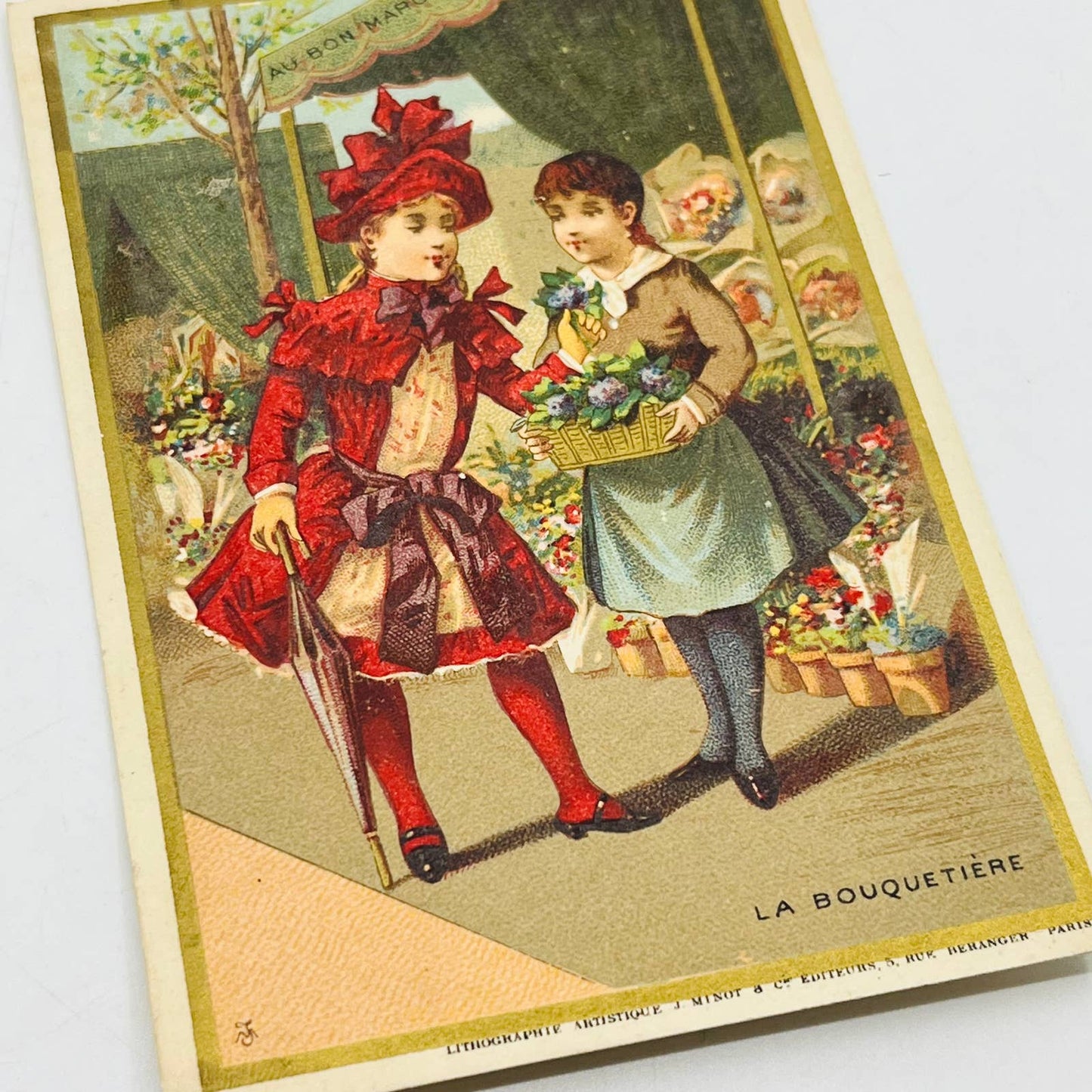 Victorian 1800s French Advertising Trade Card Au Bon Marché La Bouquetiére AA2