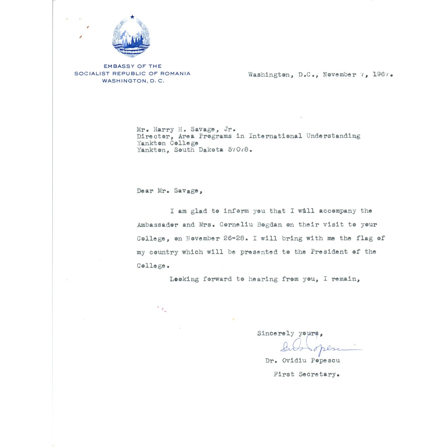 Embassy of The Socialist Republic of Romania Letterhead Memo 11/7/67 B16