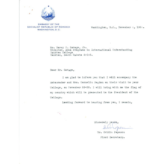 Embassy of The Socialist Republic of Romania Letterhead Memo 11/7/67 B16