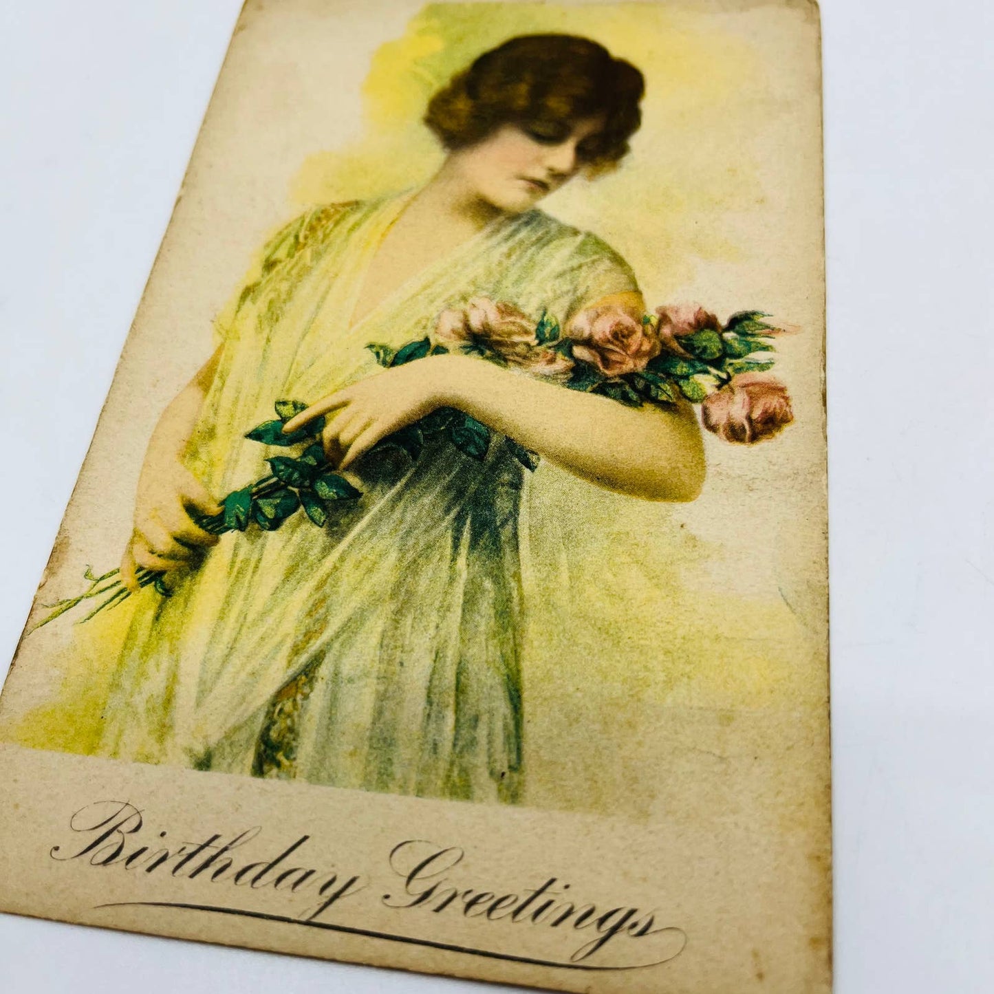 1910s Birthday Post Card Victorian Lady Holding Pink Long Stem Roses PA5