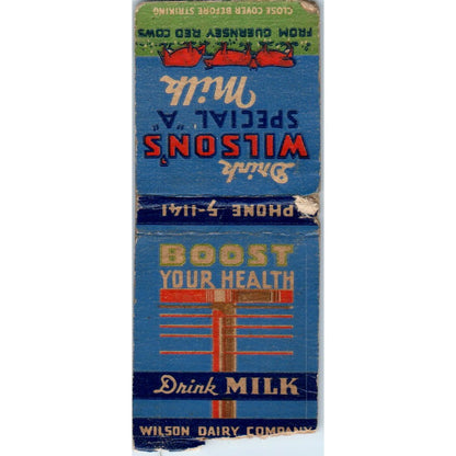 Wilsons Special A Milk Guernsey Red Cows Advertising Matchbook Cover MM9-10