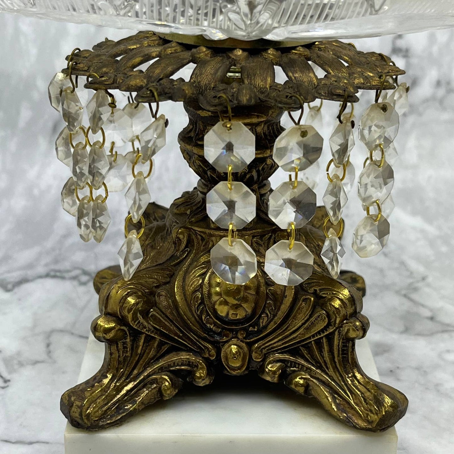 Vtg MCM Hollywood Regency Cut Lead Crystal Oblong Bowl Brass & Marble Stand TE3