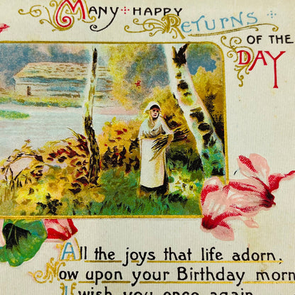 1910s Birthday Post Card WINSCH Back Girl Gathering Wood Country Scene PA5