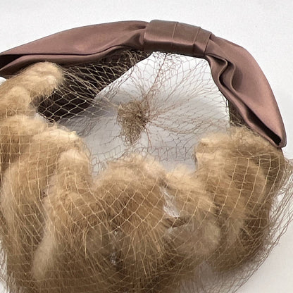 Vintage Beige Mink Fur Fascinator Champagne Satin Ribbon With Veil Cage TI4