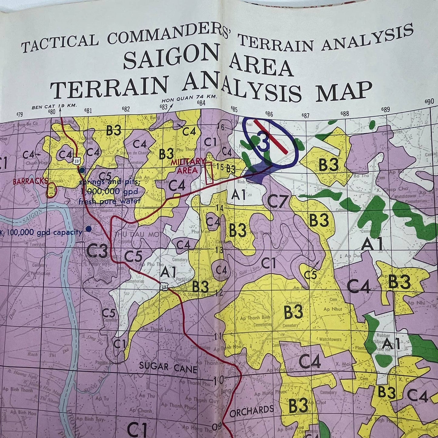 1962 Tactical Commanders' Terrain Analysis SAIGON Area Terrain Analysis Map TF5