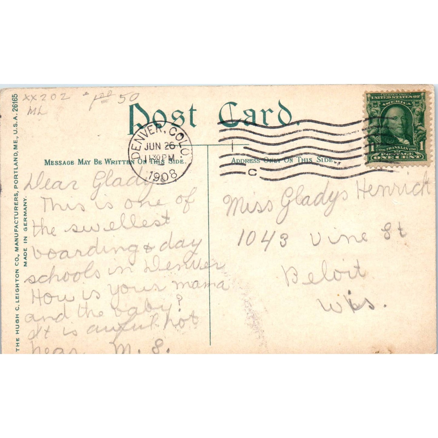 1908 Miss Wolcott School Denver Colorado Original Postcard TK1-28