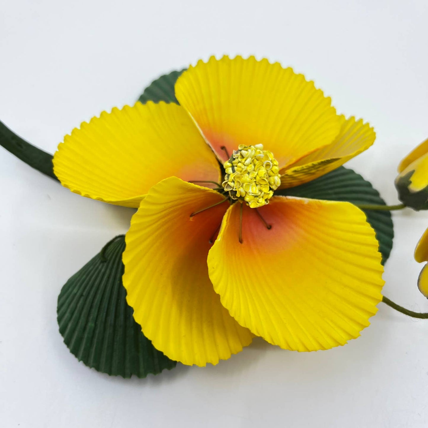 Vintage Handmade Yellow Flower Made from Seashells 6” TE5