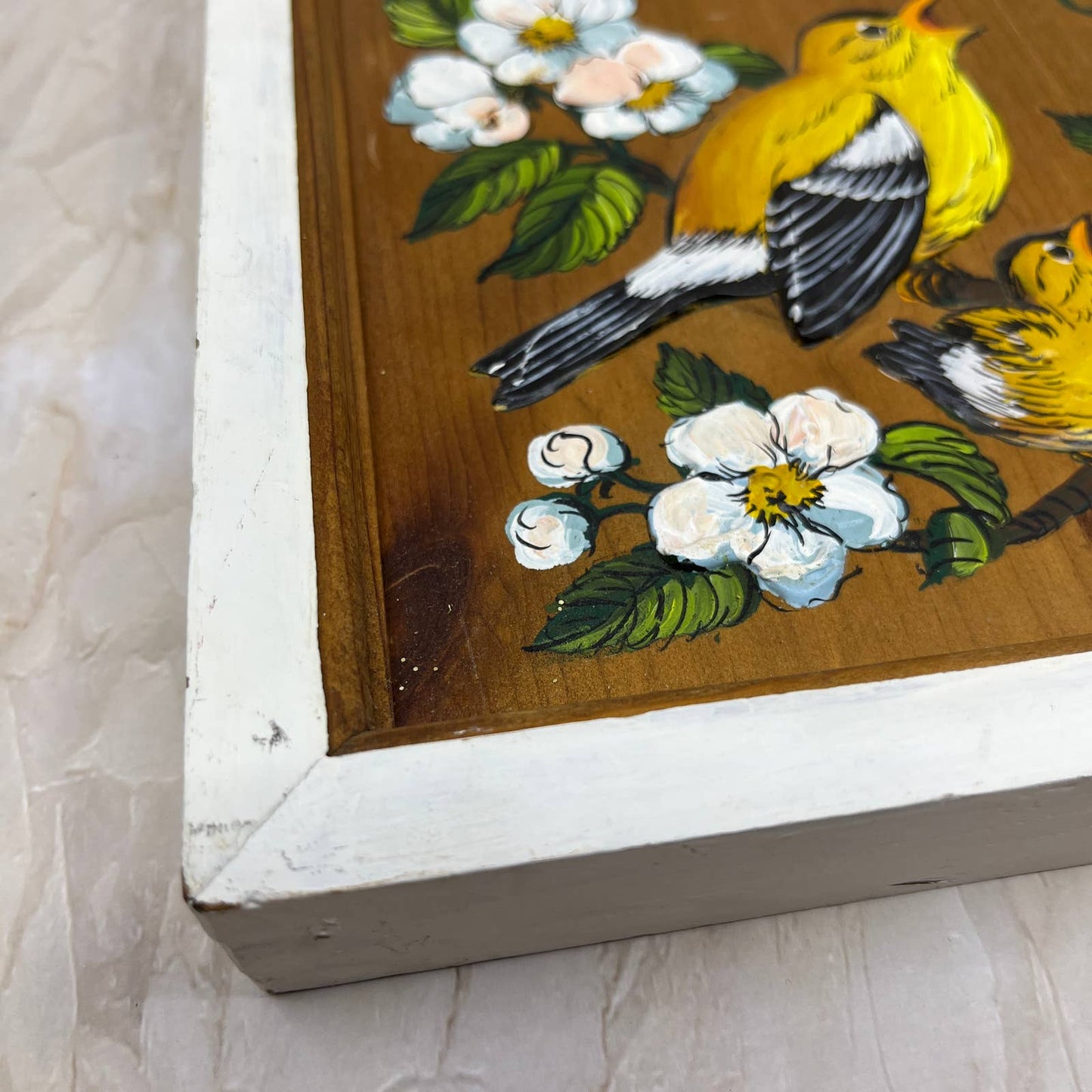 Original Art Hand Painted Wood Rejoice in the Lord Always Goldfinches 8x10” TI7