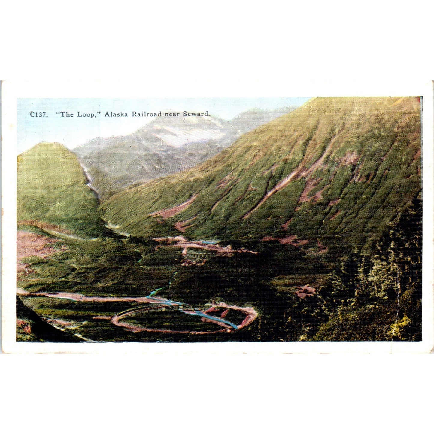 The Loop Alaskan Railroad Fairbanks to Seward Alaska Original Postcard P2-6