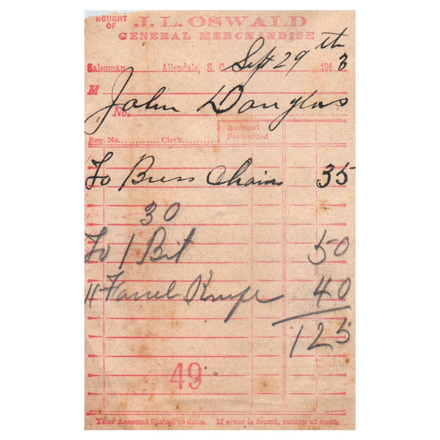 1913 J.L. Oswald General Merchandise Billhead Receipt Allendale SC SE4-1