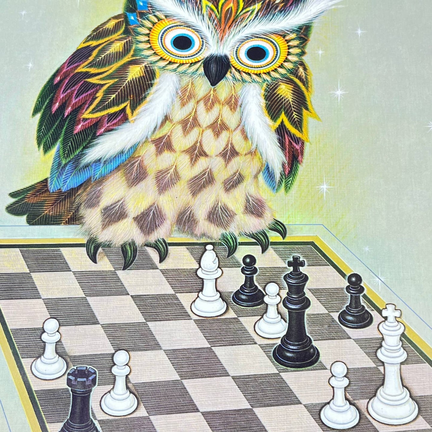 1973 Kitschy Donald Art Co. Owl Playing Chess Lithograph K Chin 9 x 12” FL3