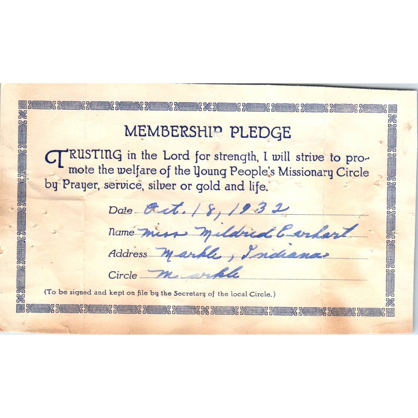 1932 Membership Pledge Young People Missionary Circle Merkle Mildred Earhart SF2