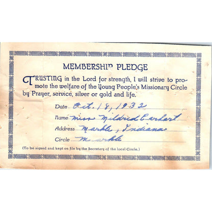 1932 Membership Pledge Young People Missionary Circle Merkle Mildred Earhart SF2