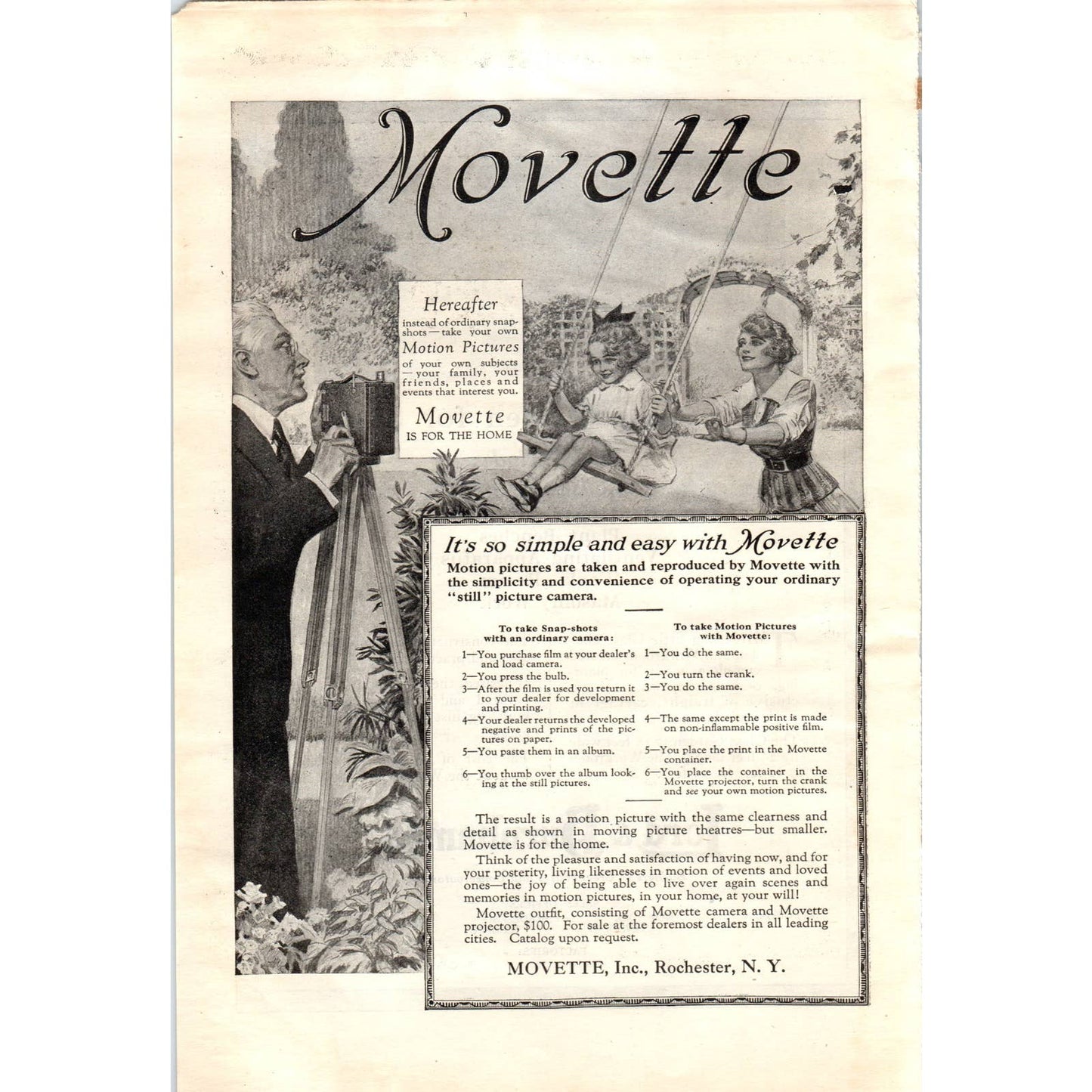 c1920 Harper's Magazine Ad - Movette Motion Pictures for the Home Rochester EA3