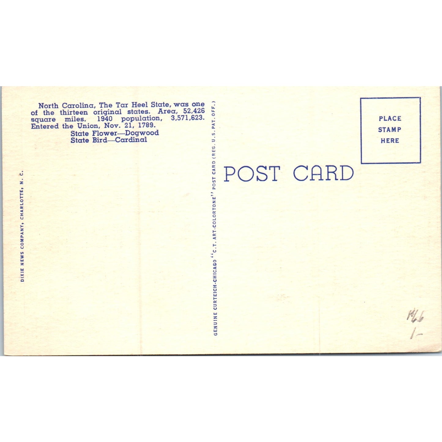 North Carolina State Facts Card Linen Original Postcard P2-4