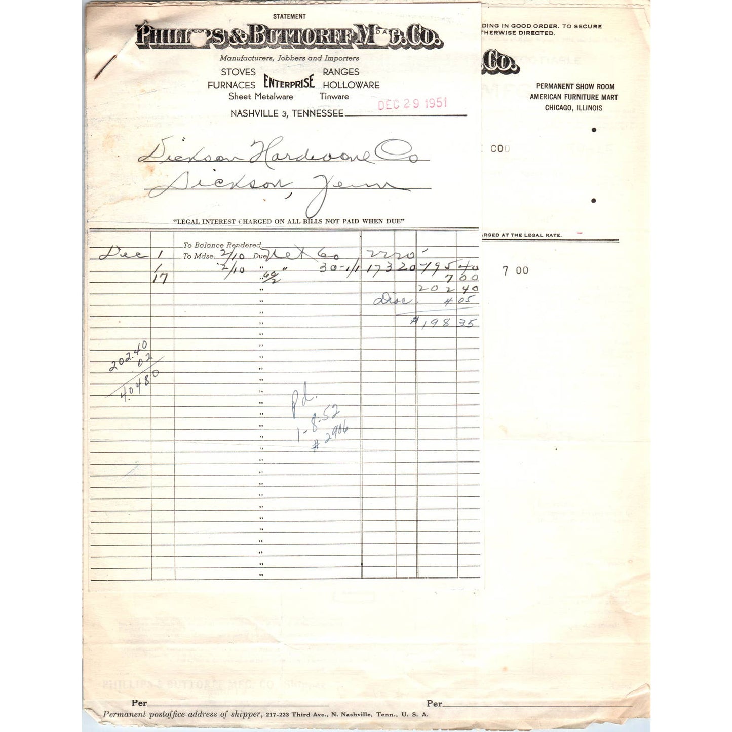 1951 Phillips & Buttorff Mfg Co Billhead Set Nashville TN AD5