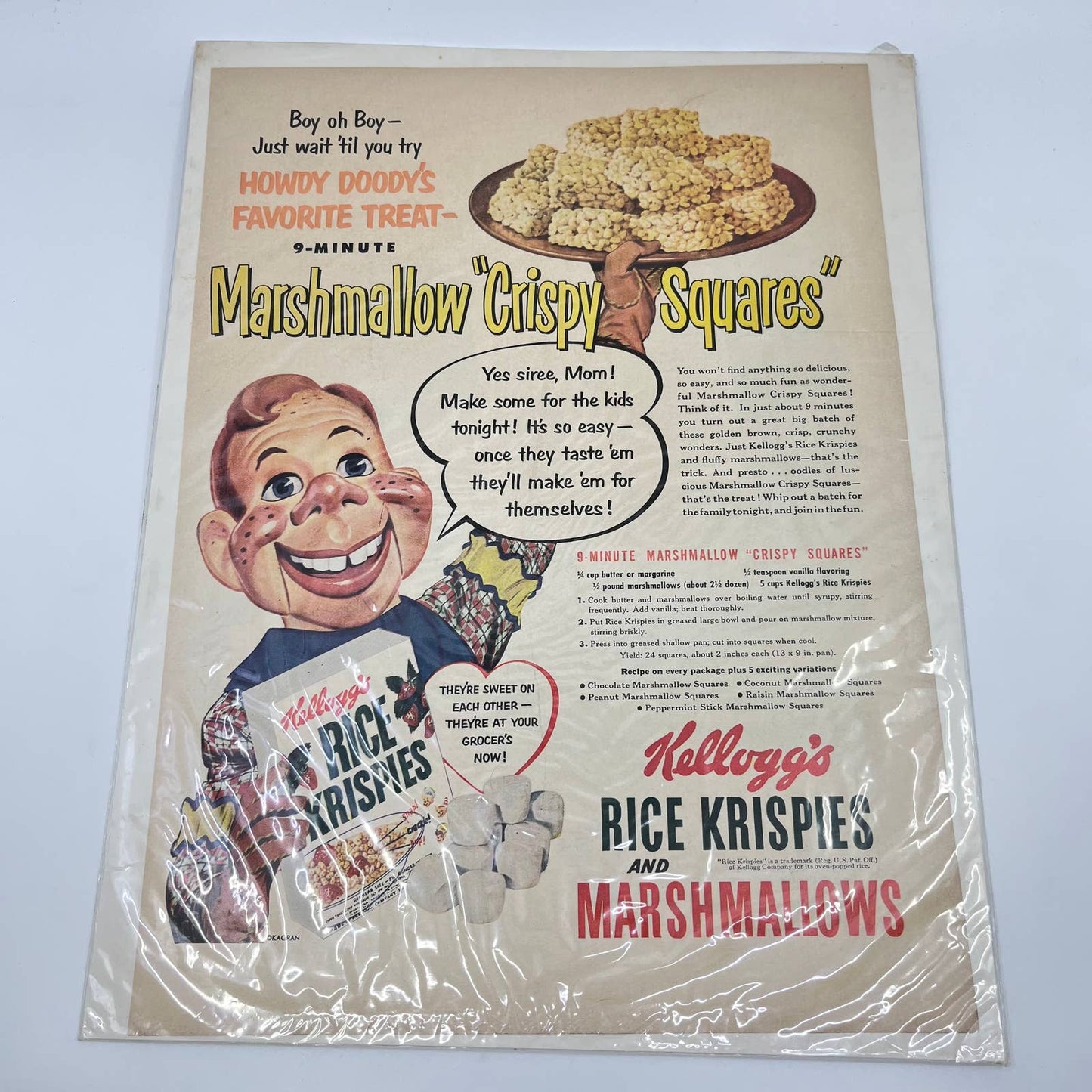 Vintage Howdy Doody Rice Krispies Marshmallow Squares Ad 11x14” FL3