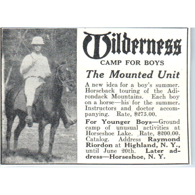c1920 Harper's Magazine Ad - Wilderness Camp for Boys Highland NY EA3-2