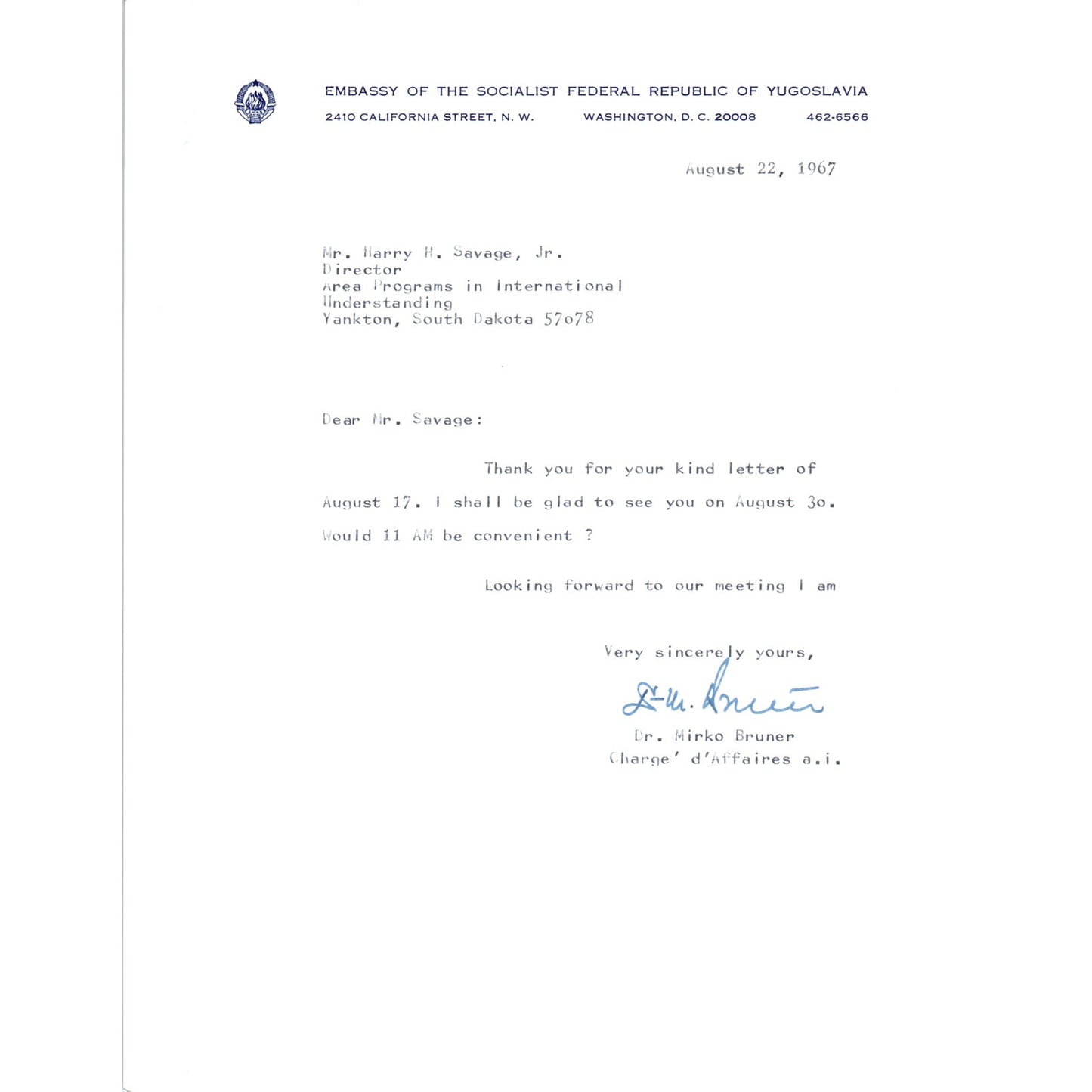 Embassy of Socialist Federalist Republic of Yugoslavia Letterhead 8/22/67 B13