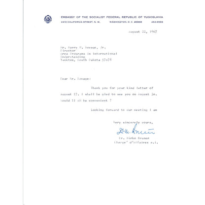 Embassy of Socialist Federalist Republic of Yugoslavia Letterhead 8/22/67 B13