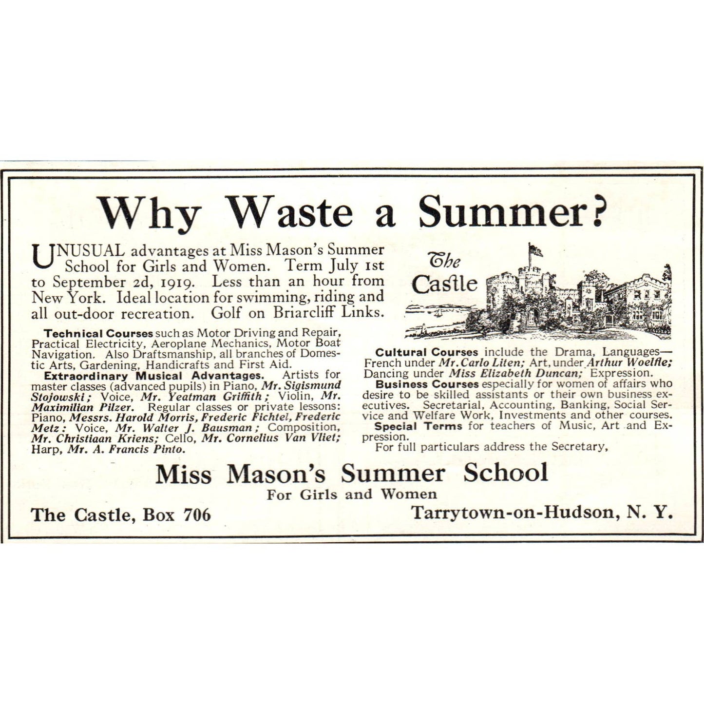 c1920 Harper's Ad - Miss Mason's Summer School for Girls Tarrytown-on-Hudson EA3