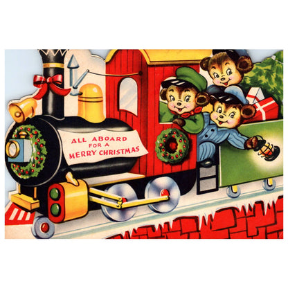Vintage Christmas Card Die-Cut Stand Up Christmas Train Bears TJ8-7