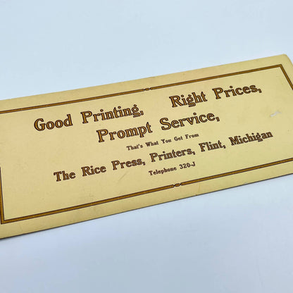 1920s Blotter Card Good Printing Right Prices - The Rice Press Flint MI SC8