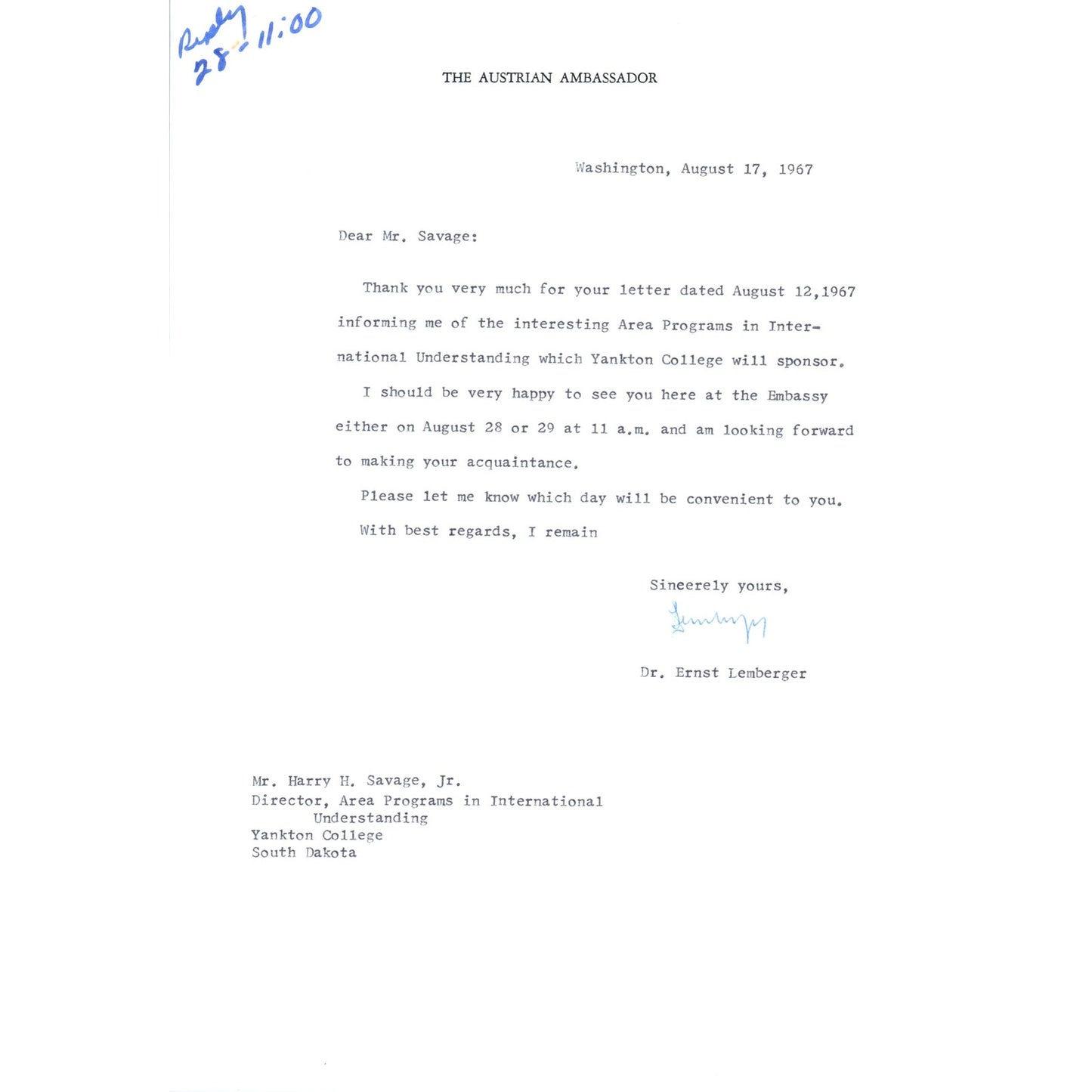 Austrian Ambassador to US Letterhead Memo Ernst Lemberger 8/17/67 B13