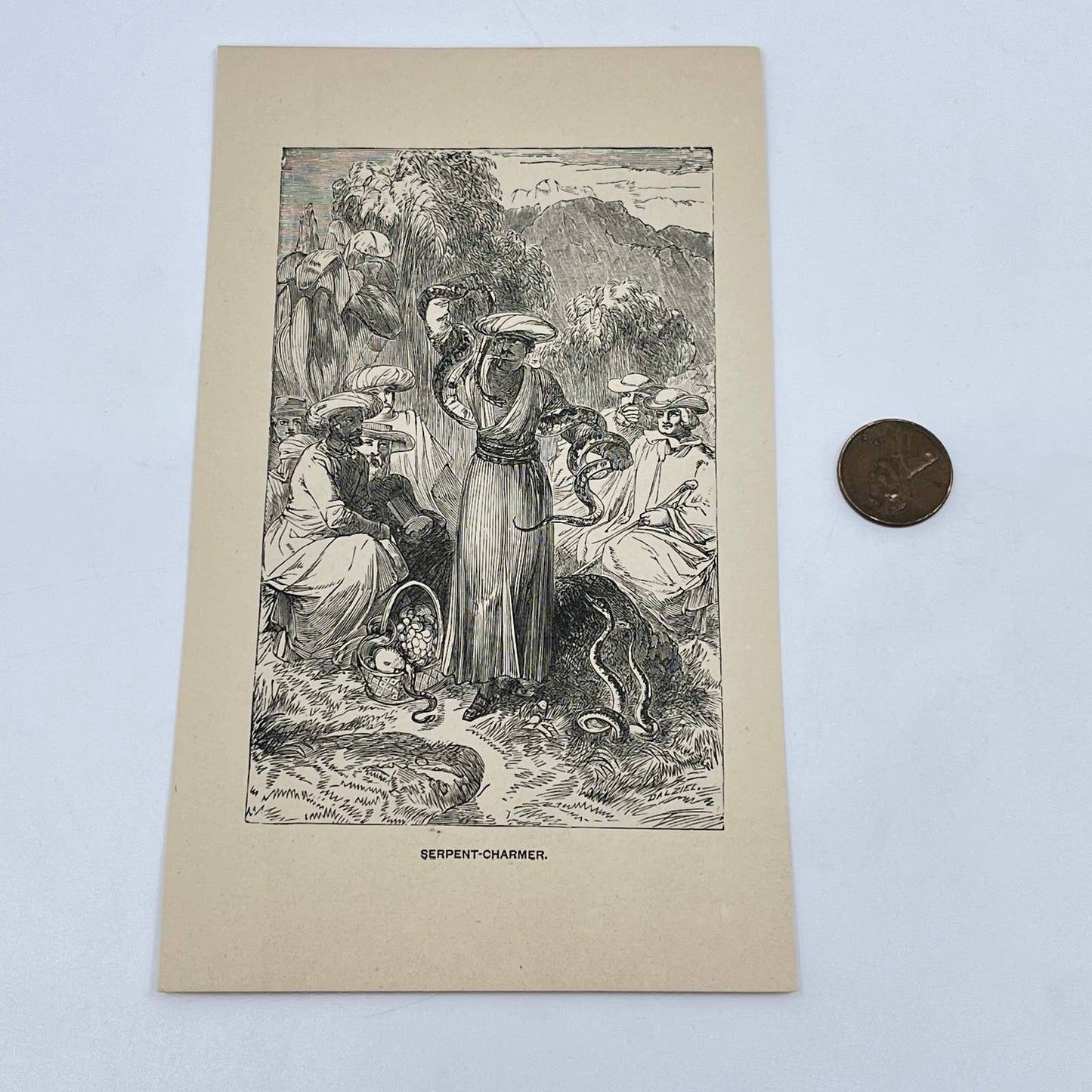 1880s Engraving Art Print Snake Serpent Charmer 3.5 x 6.5 AA8