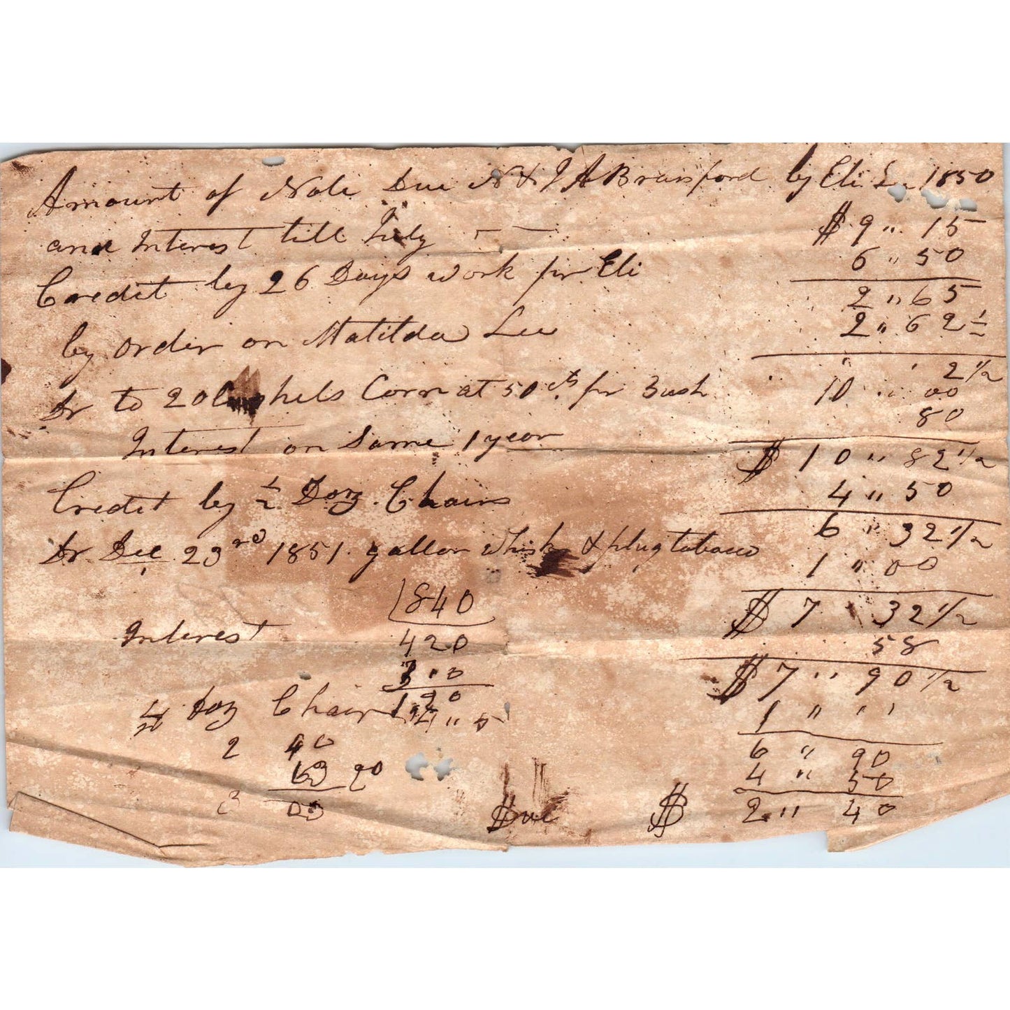 1850 Handwritten Receipt Eli Lee N+J.P. Bransford Westover Covington Co AL AD6-2