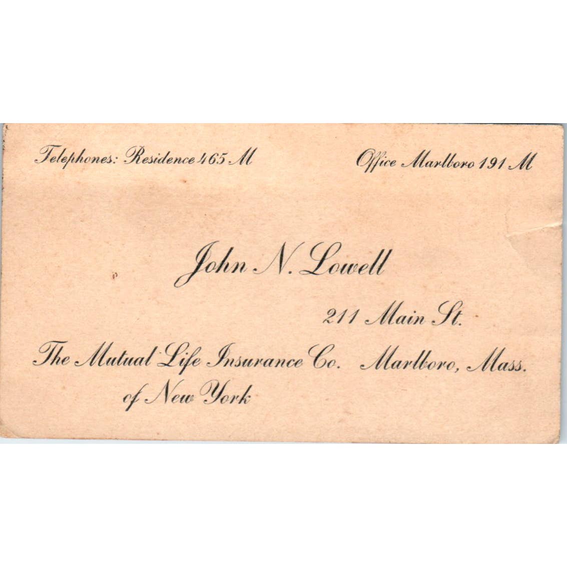 John N. Lowell Insurance Marlboro Mass Vintage Business Card TK2-CC