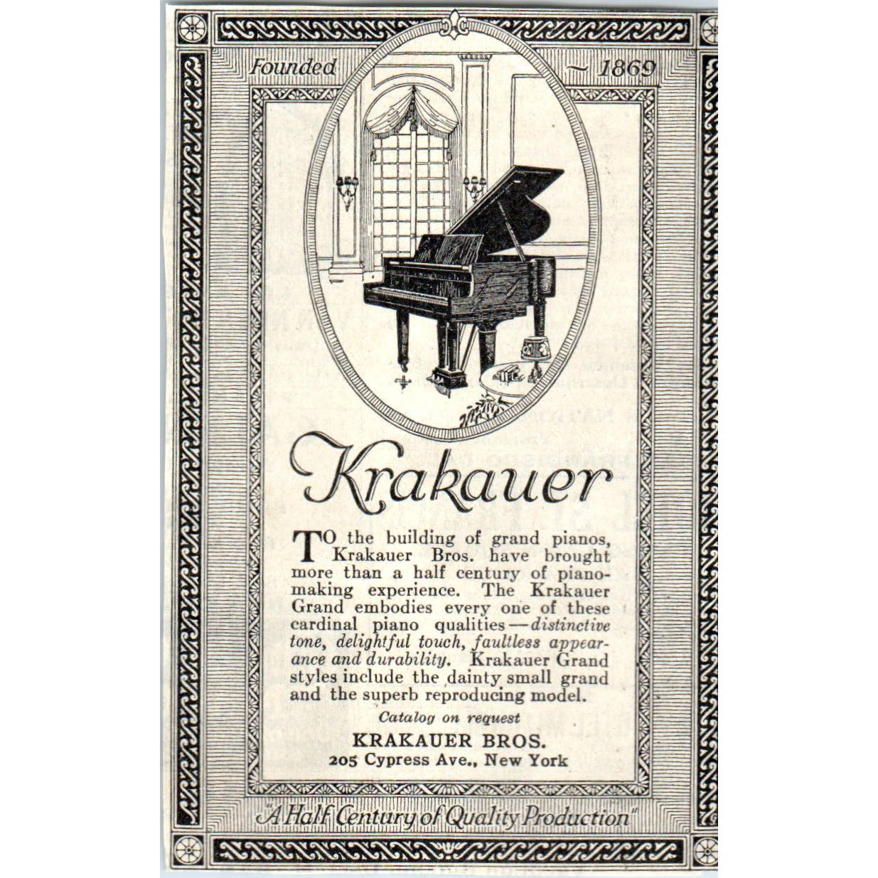 c1920 Harper's Magazine Ad - Krakauer Bros. Grand Pianos New York EA3-4